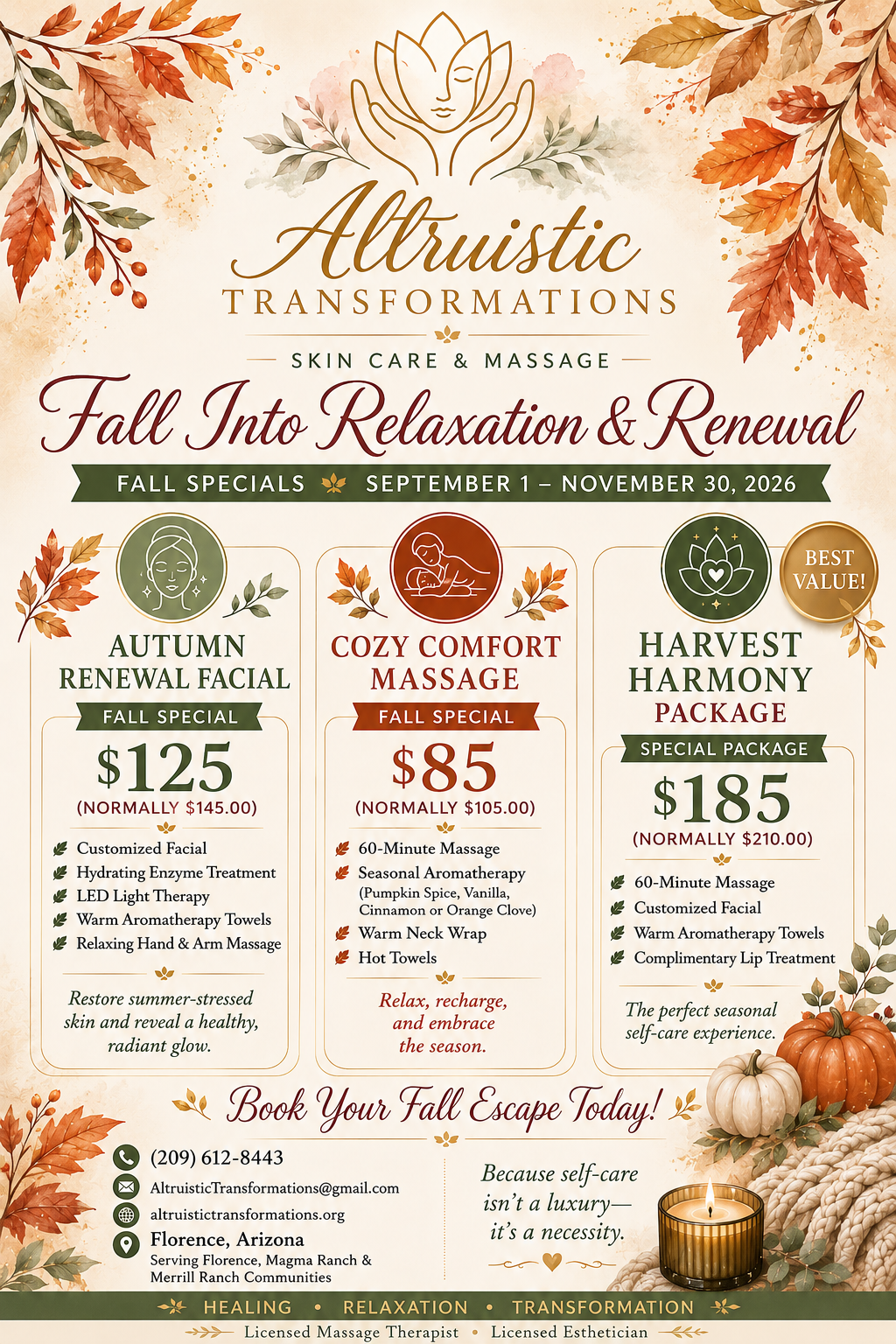 Fall 2026 Specials — Autumn Renewal Facial $125, Cozy Comfort Massage $85, Harvest Harmony Package $185